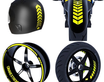 May include: A set of yellow reflective motorcycle wheel rim stripes with a Canadian flag design. The stripes are shown on a motorcycle helmet, fender, and two wheels.