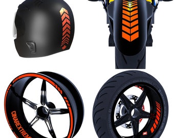 May include: A black motorcycle helmet with a red and orange stripe design. The helmet has a Canadian flag sticker on the side. The image also shows a black motorcycle wheel with a red and orange stripe design. The wheel has the text "CINAREXTREME" printed on it.