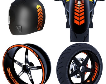 May include: A set of orange and black motorcycle wheel rim stripes. The stripes are reflective and have a Canadian flag design. The stripes are shown on a motorcycle wheel and a motorcycle helmet.
