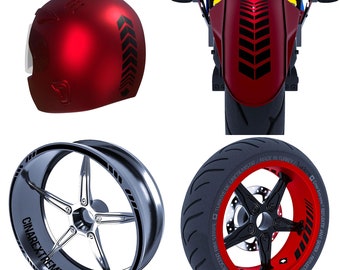 May include: A red motorcycle helmet with a black arrow design, a black and silver motorcycle wheel with the text "CINAREXTREME" on it, and a black motorcycle tire with red and white details and the text "TURKIYE'DE URETILMISTIR/MADE IN TURKEY" on it.