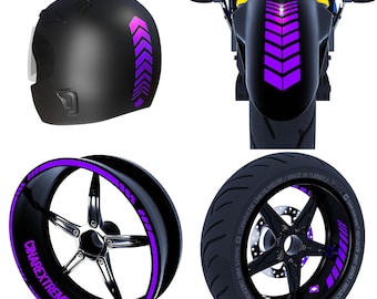 May include: A set of purple reflective motorcycle wheel rim stripes. The stripes are designed to be applied to the rim of a motorcycle wheel. The stripes are shown on a motorcycle wheel, a motorcycle helmet, and a motorcycle fender.