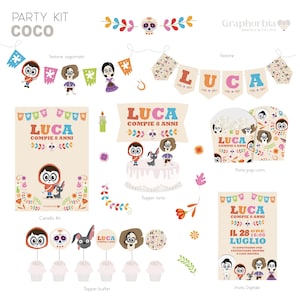 Puede incluir: Un kit de fiesta imprimible con temática de Coco. El kit incluye una pancarta, adornos para cupcakes, un adorno para pastel, una caja de palomitas de maíz, un letrero y una invitación. Los colores son brillantes y coloridos, con un tema mexicano del Día de Muertos.