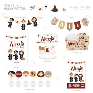 Può includere: Un kit per feste a tema Harry Potter con una varietà di elementi stampabili, tra cui uno striscione, topper per cupcake, un topper per torta, una scatola per popcorn e un invito. Il kit presenta i personaggi di Harry Potter, Ron Weasley e Hermione Granger, oltre allo stemma di Hogwarts e altre immagini di Harry Potter. Il testo sull'invito recita "Alessia Compie 6 Anni".