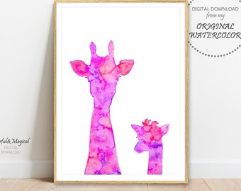 Pink Giraffe Print, Nursery Animals Prints, Pink Giraffe Girl, Kids Wall Art, Safari Nursery, Baby Animal, Nursery Decor, Nursery Wall Art