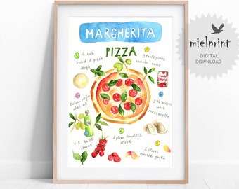 Pizza Recipe Watercolor Print, Kitchen Decor, Food Large Poster, Gift for Mom, Italy Wall Art, Dining Room Decor, Printables Art Ilustration