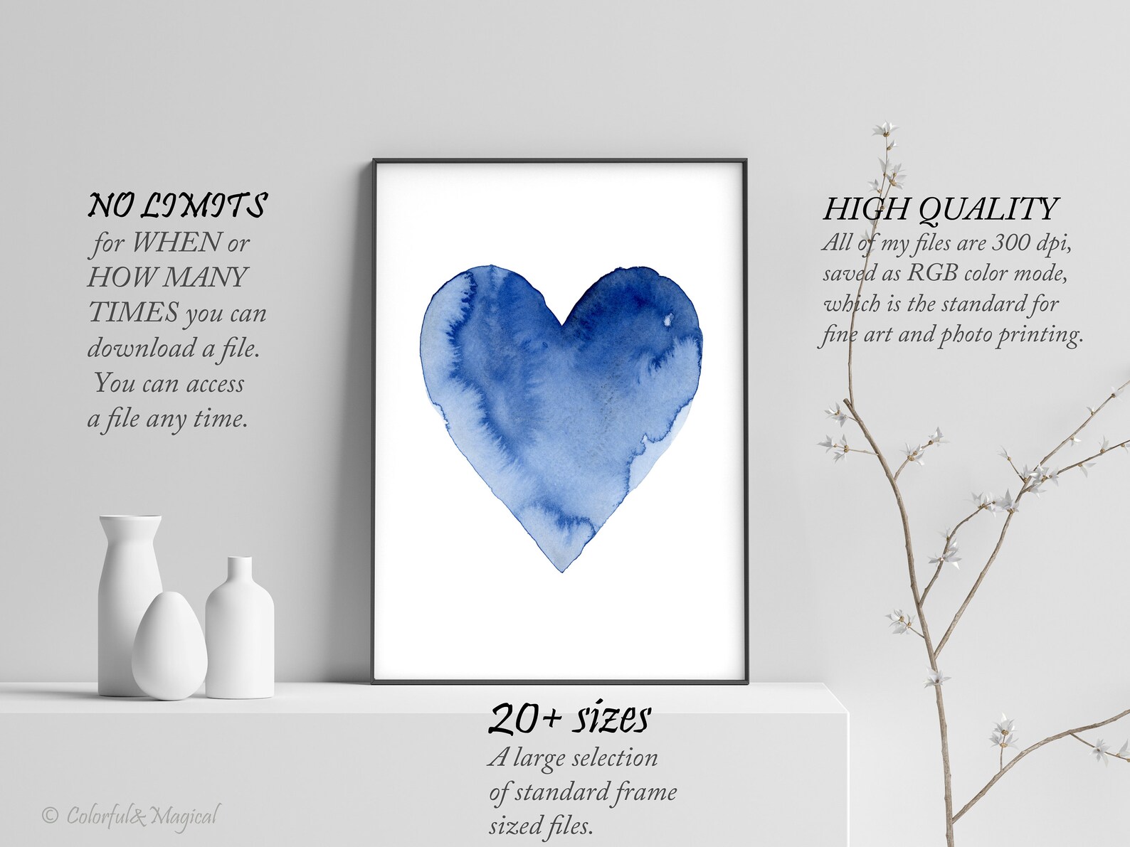 Heart Print Poster, Blue Love Wall Art, Heart Watercolor, Modern ...