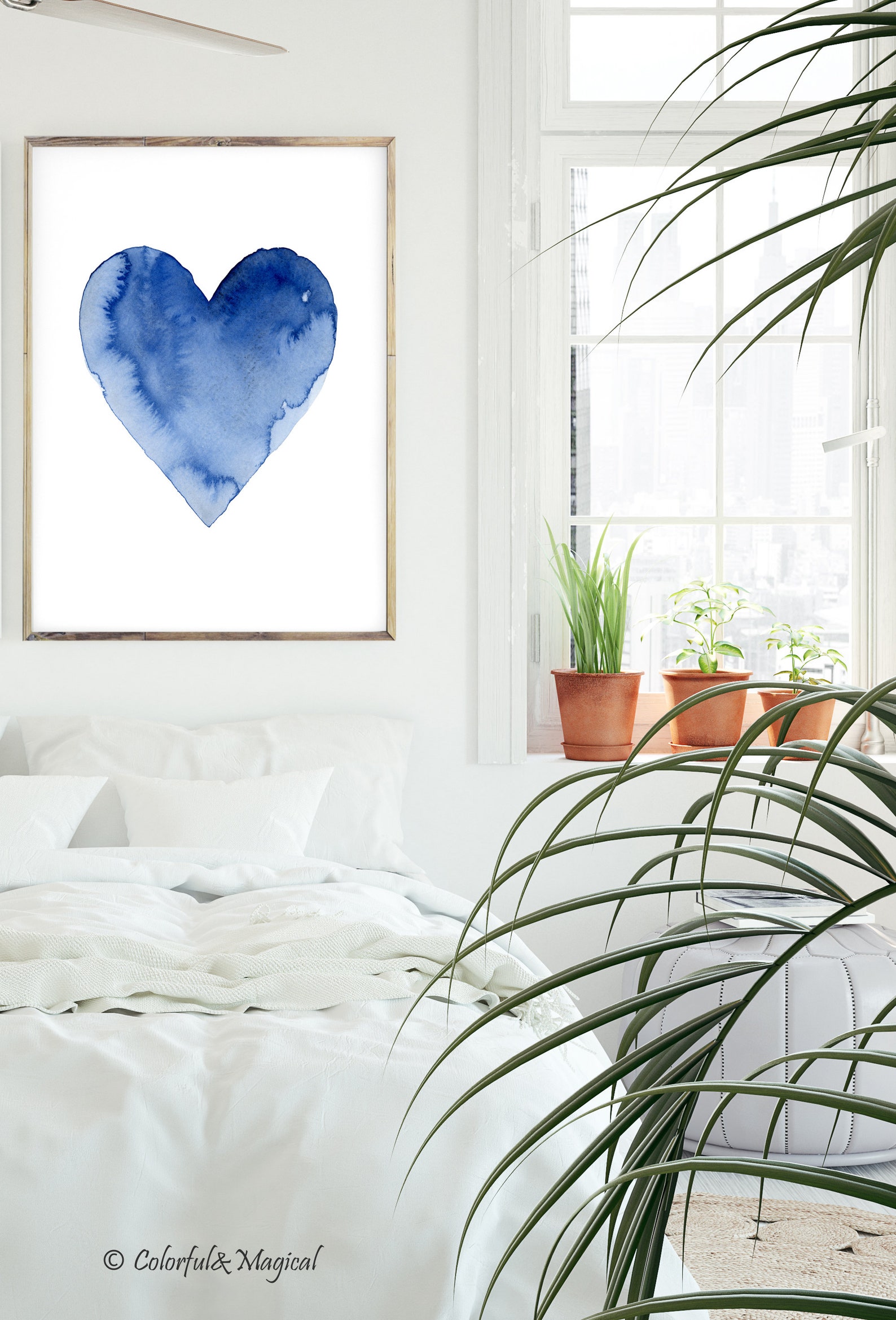 Heart Print Poster Blue Love Wall Art Heart Watercolor | Etsy