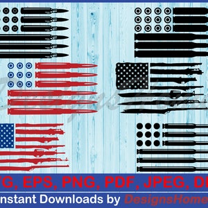 May include: Four different designs of the American flag with bullet casings and rifles. The designs are in black and red, black and white, and red, white, and blue.