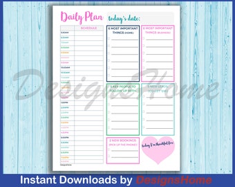 May include: A printable daily planner with a pink, blue, and green color scheme. The planner includes sections for scheduling, 6 most important things to do at home and at work, 5 key people to follow up with, 5 new leads to get, 2 new bookings, and a space to write what you are thankful for.