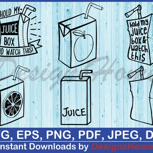 Peut inclure: Six illustrations en noir et blanc de boîtes de jus avec des pailles et des dictons variés. Les dictons incluent "Tenez ma boîte de jus et regardez ça !" et "Tenez ma boîte de jus et regardez ça !"