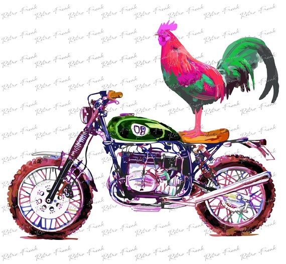 Rooster On Motorcycle Watercolor Motorcycle Clipart Etsy