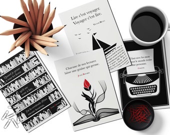 Set 10 or 25 Quote Postcards - Literary phrases illustrated in Black and White with a touch of Red