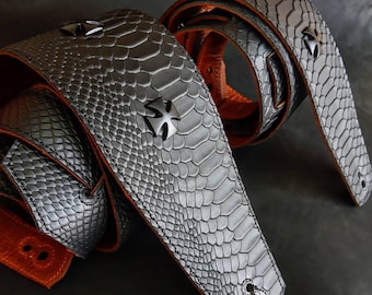 black reptile leather guitar strap