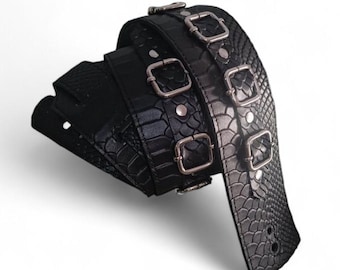 Guitar Strap Leather Reptile Texture 6.5 cm 2.56 inches Metal Buckles Handmade