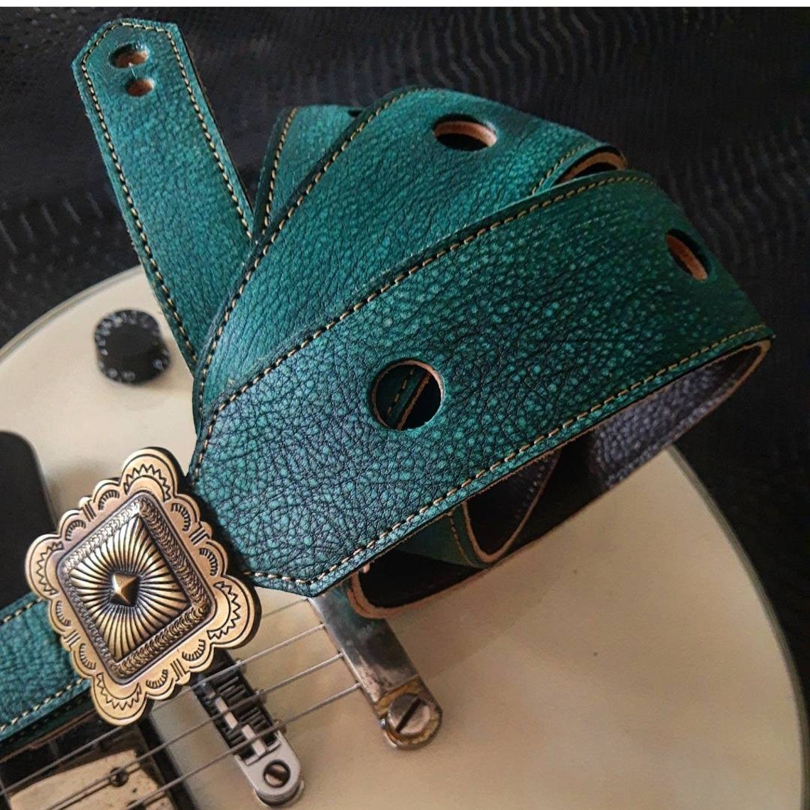 Green Leather Guitar Strap With Holes and Buckle Etsy UK