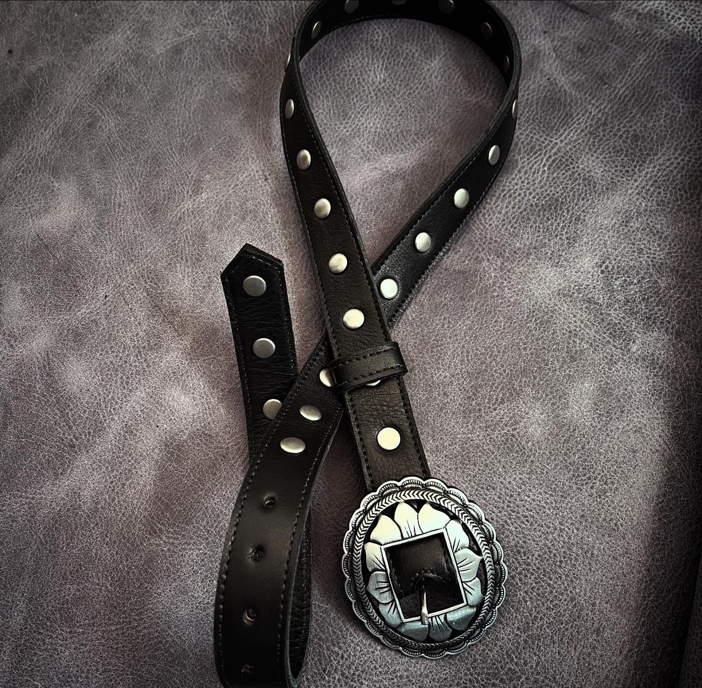 Handmade Black Genuine Leather Studded Belt With Spider and