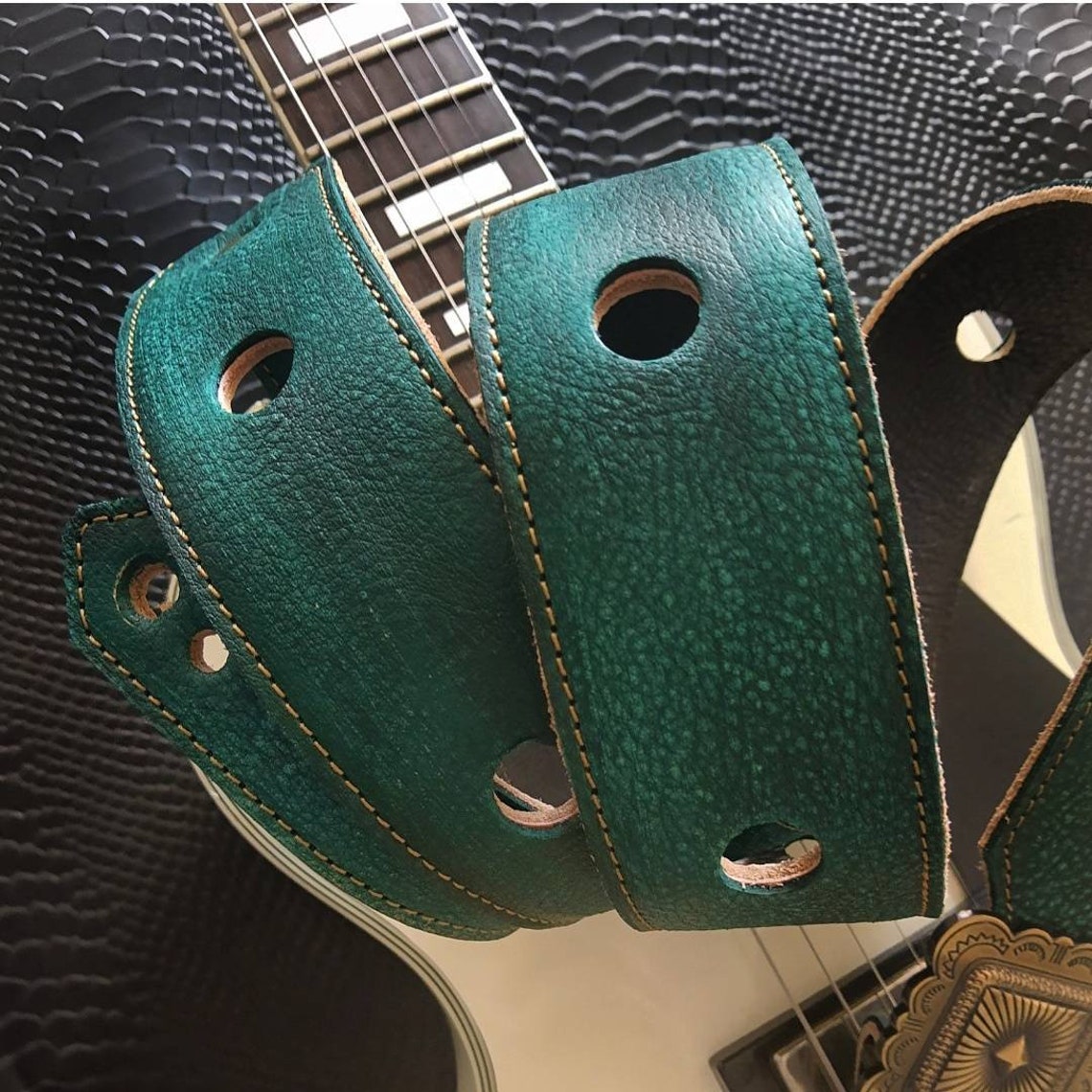 Green Leather Guitar Strap With Holes and Buckle Etsy UK