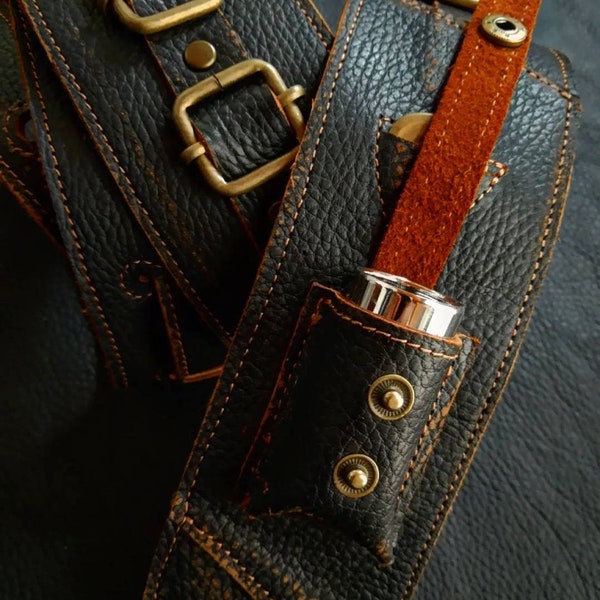 Leather guitar strap with slide holder and buckles