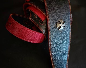 Combined Leather Guitar Strap, Maltese Crosses