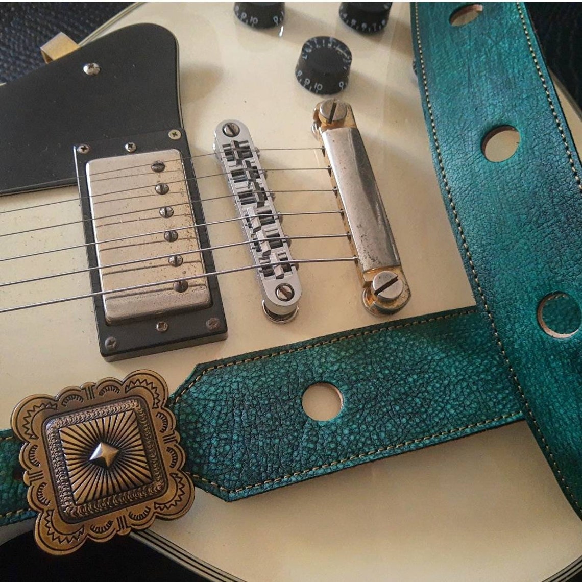 Green Leather Guitar Strap With Holes and Buckle Etsy UK