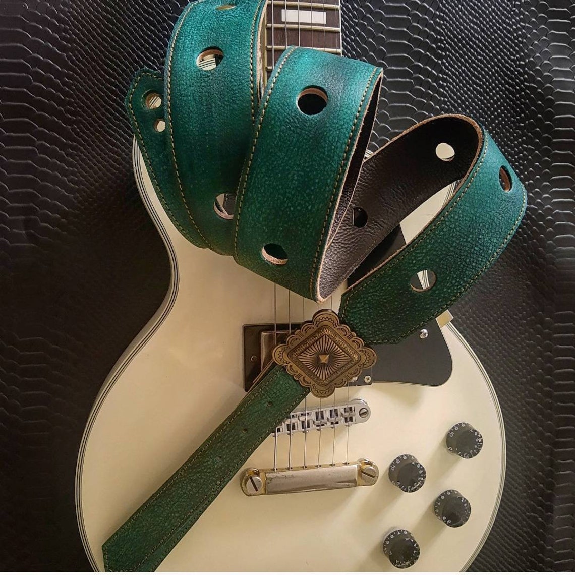 Green Leather Guitar Strap With Holes and Buckle Etsy UK