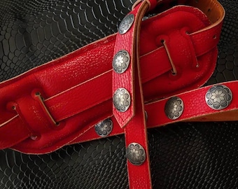 Genuine leather guitar strap with conchos and shoulder pad