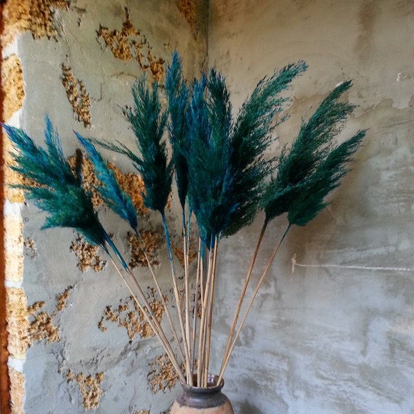 Dried Pampas Grass, Unevenly Blue Patina Color, Dry Flower Arangement for Home Decor, Tall Vase, Turquoise Pampas Bouquet, Rustic Wedding