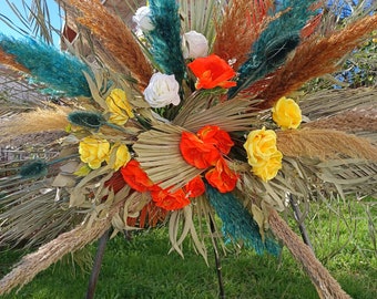 LUX LARGE Palm Wedding Arch Arrangement, Teal Pampas-Eucalyptus Arbour, Natural Date Palm Arch, Palm Wedding Backdrop, Tropical Greenery