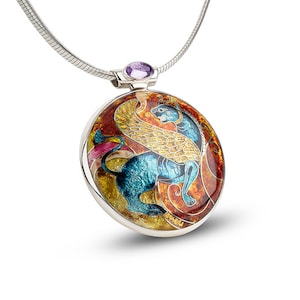 The winged lion.Technique: cloisonné’ enamel (vitreous enamel) and the design is inspired by magnificent Achaemenid winged lion.
