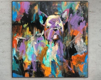 Pintura de perro abstracta colorida original en colores del arco iris Bulldog francés moderno Bellas artes Acrílico Obra de arte hecha a mano como decoración de la pared de la sala de estar