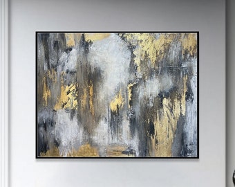 Oil Painting Abstract Modern Canvas Golden Leaf Art Silver Painting Gray Abstract Painting Original Wall Art Decorations ENERGY FLOWS 46x60"