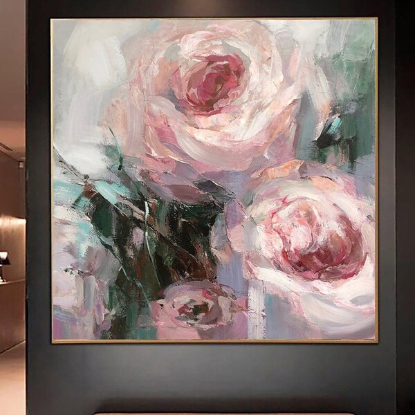 Pintura de flores grandes sobre lienzo Arte floral abstracto Pintura al óleo rosa pastel abstracto floral Arte de flores rosas para decoración de pared de sala de estar