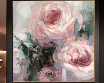 Grande fiore dipinto su tela Fiore astratto Arte floreale astratto pastello rosa Pittura a olio Fiori rosa Arte per la decorazione della parete del soggiorno