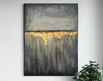 Große gerahmte Kunst in Grau und Gold, modernes Gemälde, Acryl, einzigartiges abstraktes Gemälde, kreative zeitgenössische Kunst, 101,6 x 76,2 cm