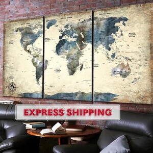 Impresión de mapa del mundo de acuarela vintage, mapa global rústico del mundo, impresión de varios paneles, póster de viaje mundial de estilo antiguo para decoración de pared del hogar
