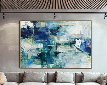 Original Abstrakte Blaue Gemälde Auf Leinwand Acryl Expressionist Art Moderne Strukturierte Wandkunst Handgemachte Malerei für Wohnzimmer Wanddekor