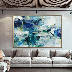 Original Abstract Blue Paintings On Canvas Acrylic Expressionist Art Modern Textured Wall Art Handmade Painting for Living Room Wall Decor image 1