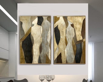 Large Abstract Figurative Diptych Paintings On Canvas Modern Fashion Gold Leaf Art Original Set Of 2 Paintings for Living Room Decor