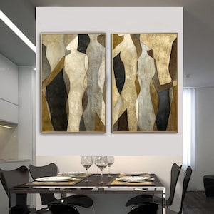 Large Abstract Figurative Diptych Paintings On Canvas Modern Fashion Gold Leaf Art Original Set Of 2 Paintings for Living Room Decor image 1