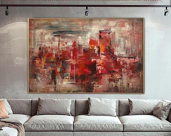 Red Cityscape Painting – Modern Abstract Textured Canvas Wall Art