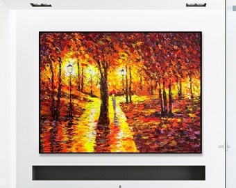 Vibrant Forest Painting Textured Fall Landscape Artwork Autumn Forest Path Fall Colors Foliage Texture Palette Knife Fine Art 33.8x45.6"