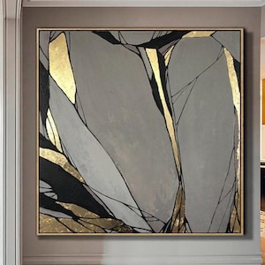 Original Gold Leaf Painting Large Abstract Painting Gray Painting Textured Art Abstract Acrylic Painting On Canvas Living Room Wall Art image 1