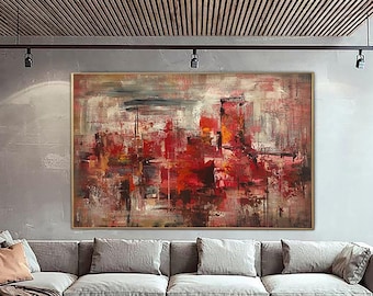 Large Abstract Red Paintings On Canvas Acrylic Impressionist Art Modern Wall Art Cityscape Painting Textured Art Hand Painted Artwork