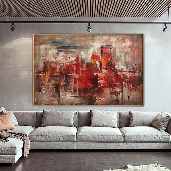 Large Abstract Red Paintings On Canvas Acrylic Impressionist Art Modern Wall Art Cityscape Painting Textured Art Hand Painted Artwork