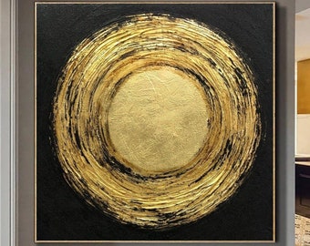 Gran pintura al óleo original, pintura circular, lienzo negro, pintura abstracta de oro, pintura de bellas artes enmarcada, arte moderno de la pared para la sala de estar