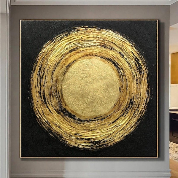 Large Original Oil Painting Circle Painting Black Canvas Abstract Gold Painting Framed Fine Art Painting Modern Wall Art for Living Room