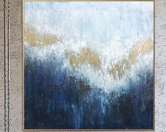 Original blaues Gemälde, Blattgold, Öl-Kunstwerk, Acrylgemälde, äußerst einzigartiges Gemälde, zeitgenössische Malerei, abstrakte Wandmalerei