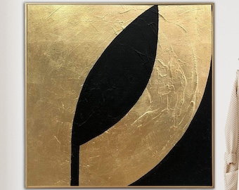 Abstract Black Painting on Canvas Gold Wall Art Gold Leaf Art Heavy Textured Artwork Black and Gold Painting Luxury Wall Art for Home Decor