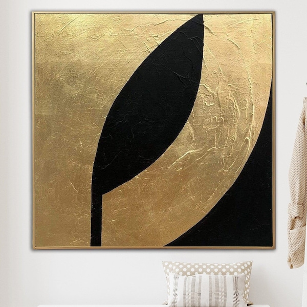 Pintura negra abstracta sobre lienzo Arte de pared dorado Arte de pan de oro Obra de arte con textura pesada Pintura negra y dorada Arte de pared de lujo para decoración del hogar