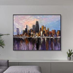 Abstract Cityscape Painting: Colorful Skyline Reflection, Urban Wall Art